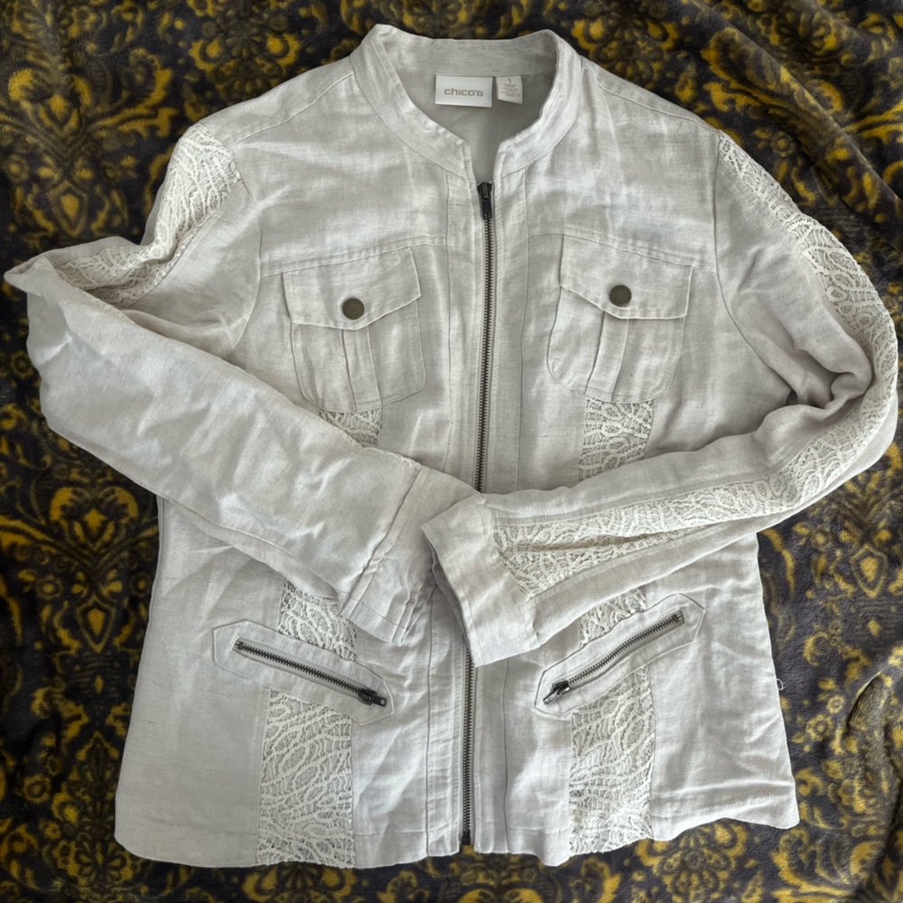 Chico's White Lace-Trim Zip Front Jacket